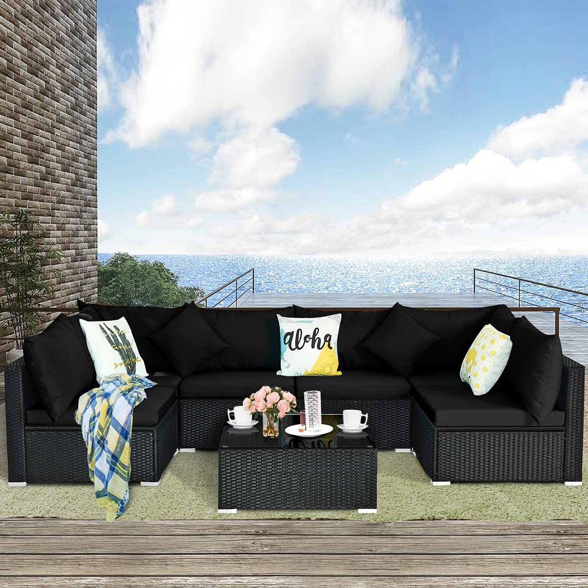 Tangkula 7 Piece Patio Furniture Set, Outdoor Sectional Sofa with 2 Pillows and Cushions