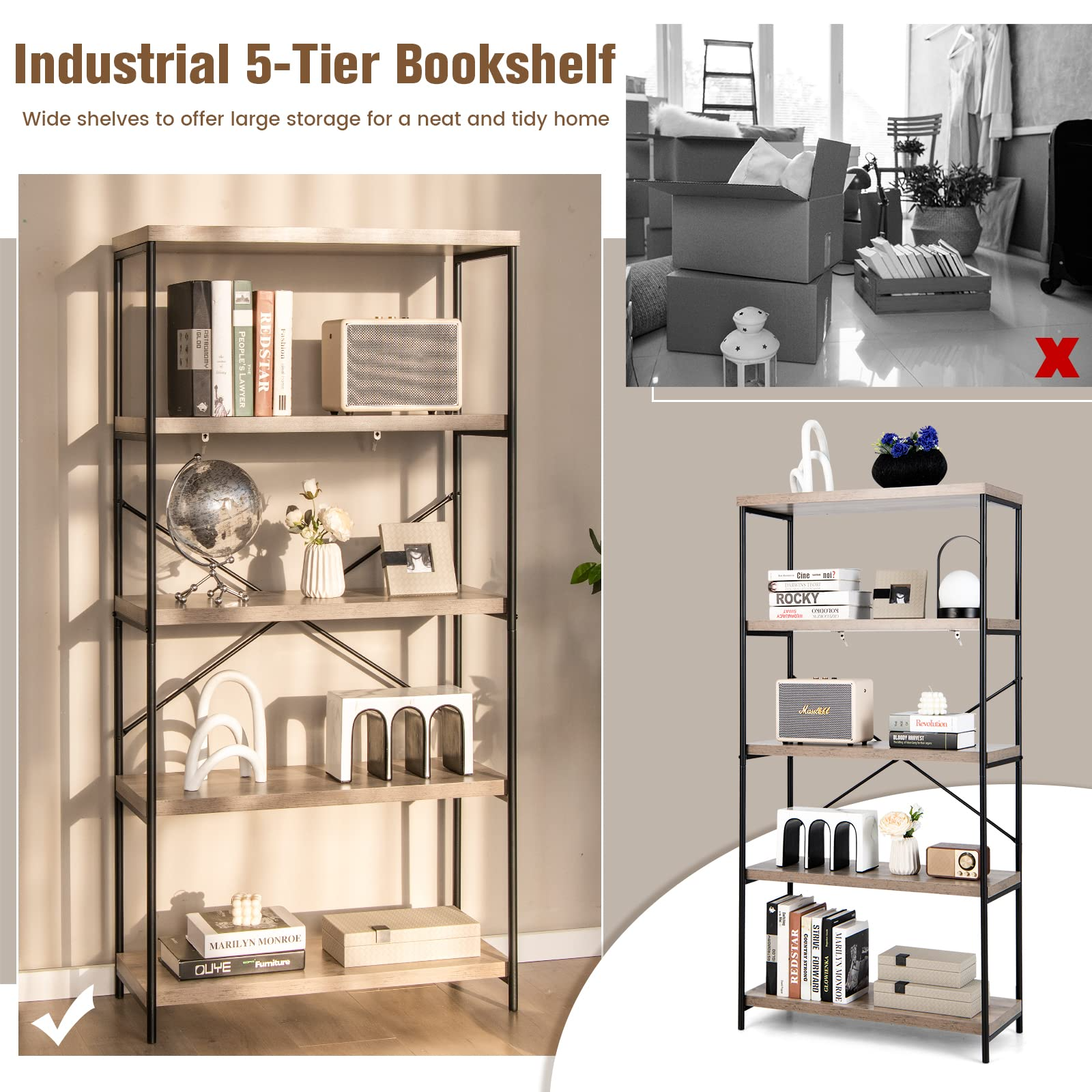 Tangkula 5-Tier Bookcase, Rustic Industrial Bookshelf