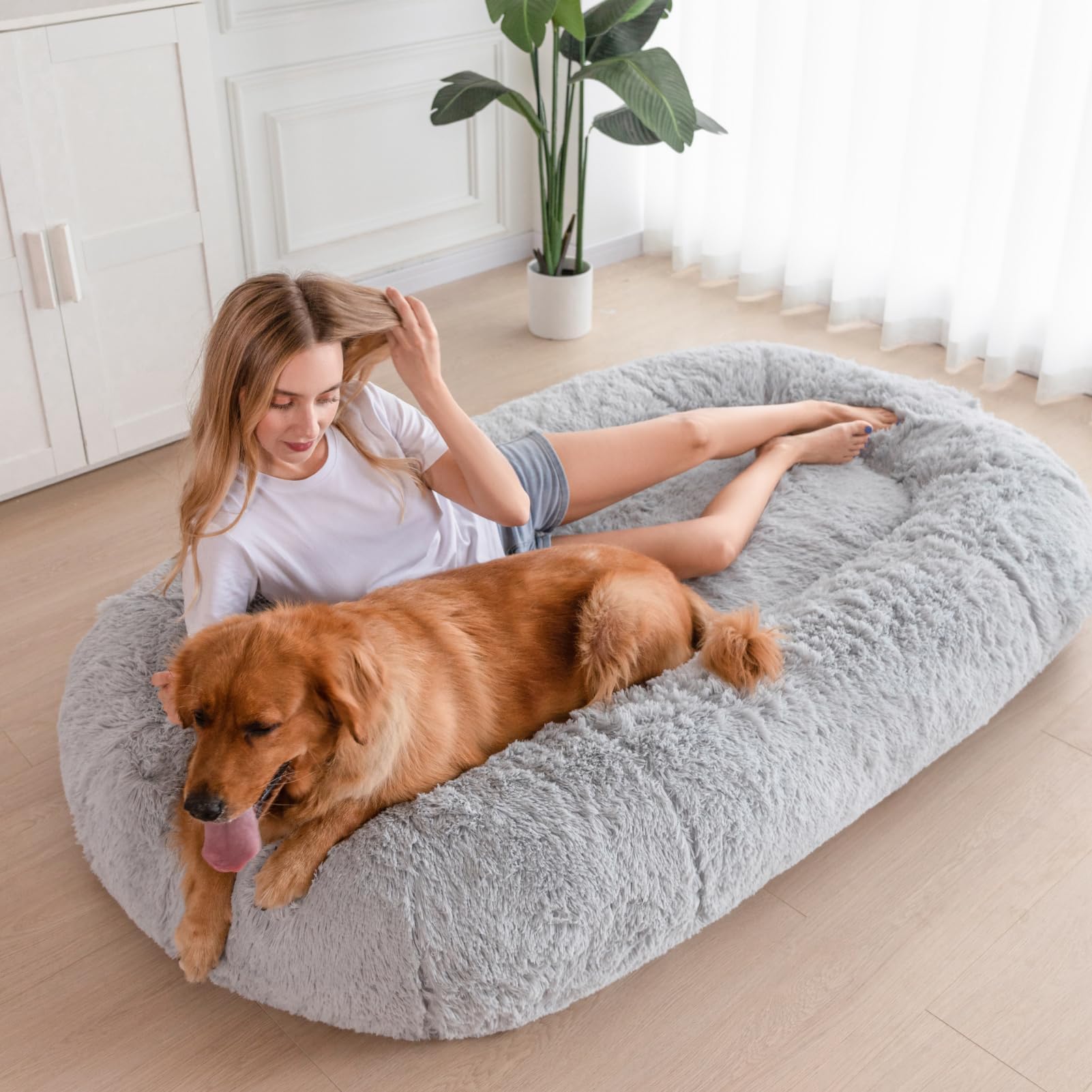 MAXYOYO Human Dog Bed, Long Faux Fur Giant Bean Bag Bed for Humans and Pets, Faux Fur Grey