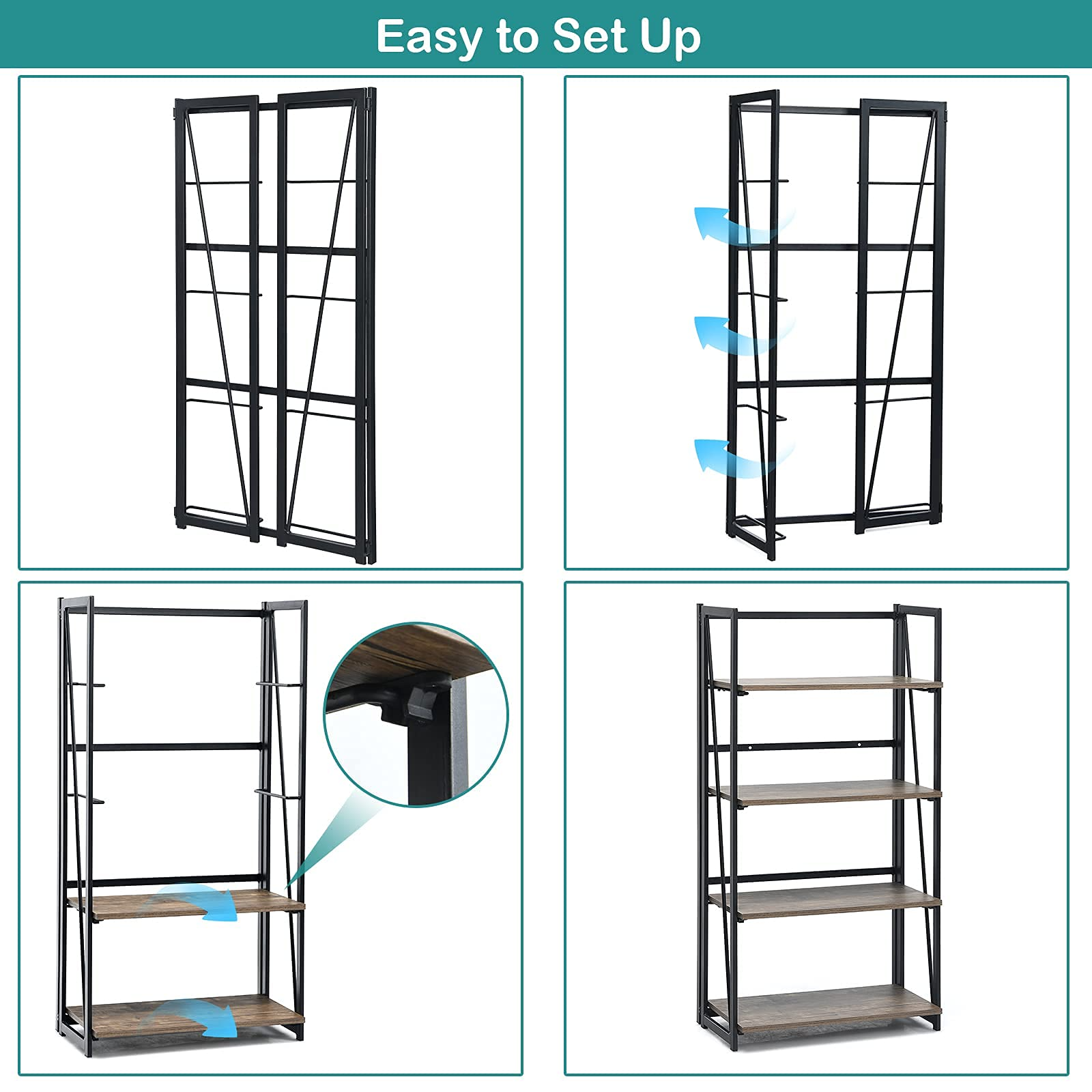 Tangkula 4-Tier Folding Bookshelf, No-Assembly Industrial Bookcase with Sturdy Iron Frame