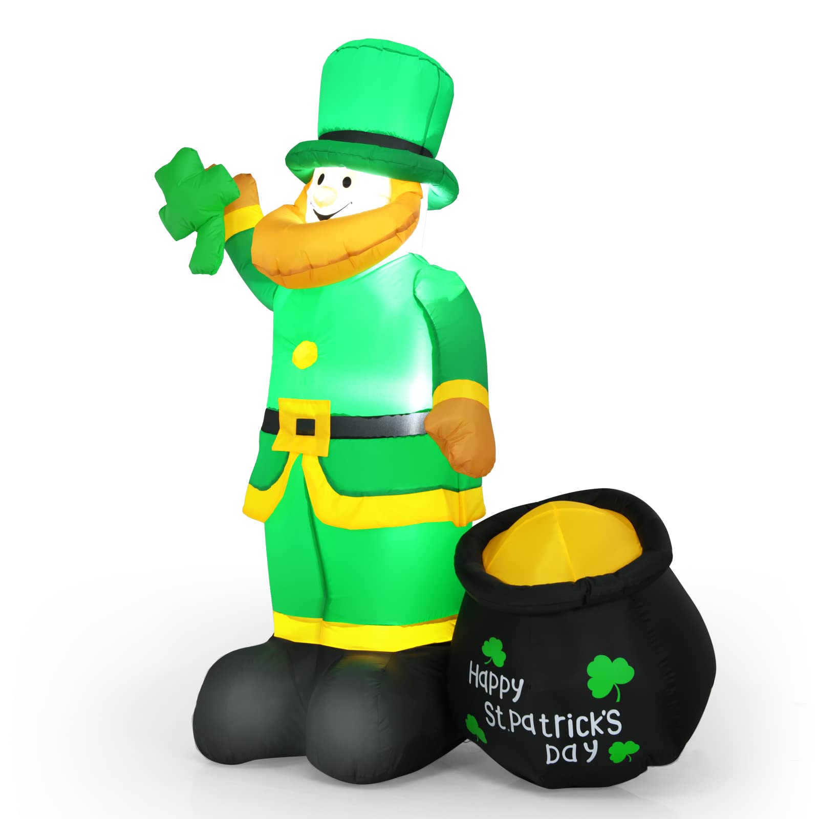 Tangkula St Patrick's Day Inflatable Leprechaun, Blow up Lighted Giant Doll Holding Shamrock and Pot of Gold