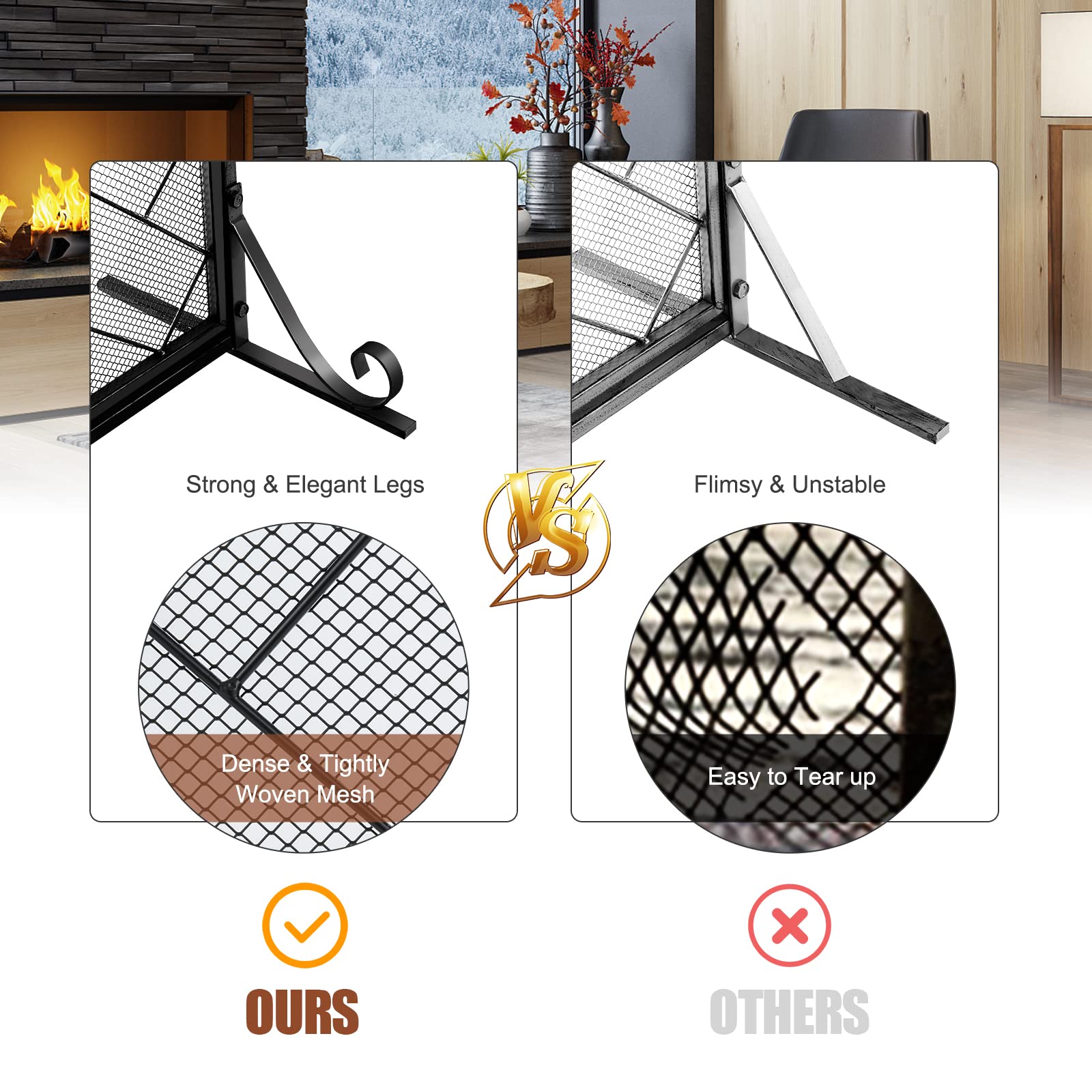 44.5 x 33.5 Inch Double-Door Fireplace Screen, 2-Panel Large Flat Wrought Metal Fire Spark Guard Gate Cover for Home