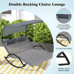 Tangkula 2 Person Lounge Chair with Adjustable Canopy, Outdoor Chaise Lounge with 2 Detachable Pillows (Gray)