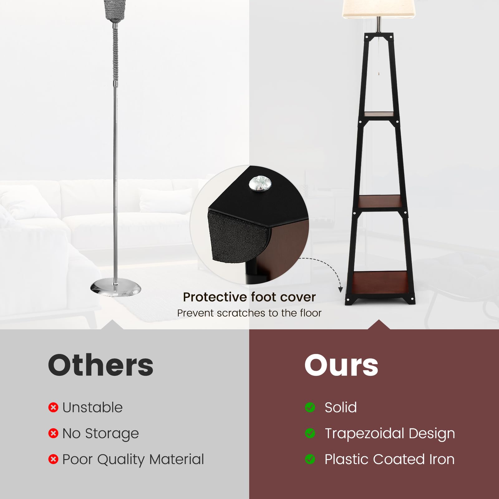 Tangkula Shelf Floor Lamp, Modern Wood Square Standing Lamp with 3 Tiers Shelves and Linen Shade