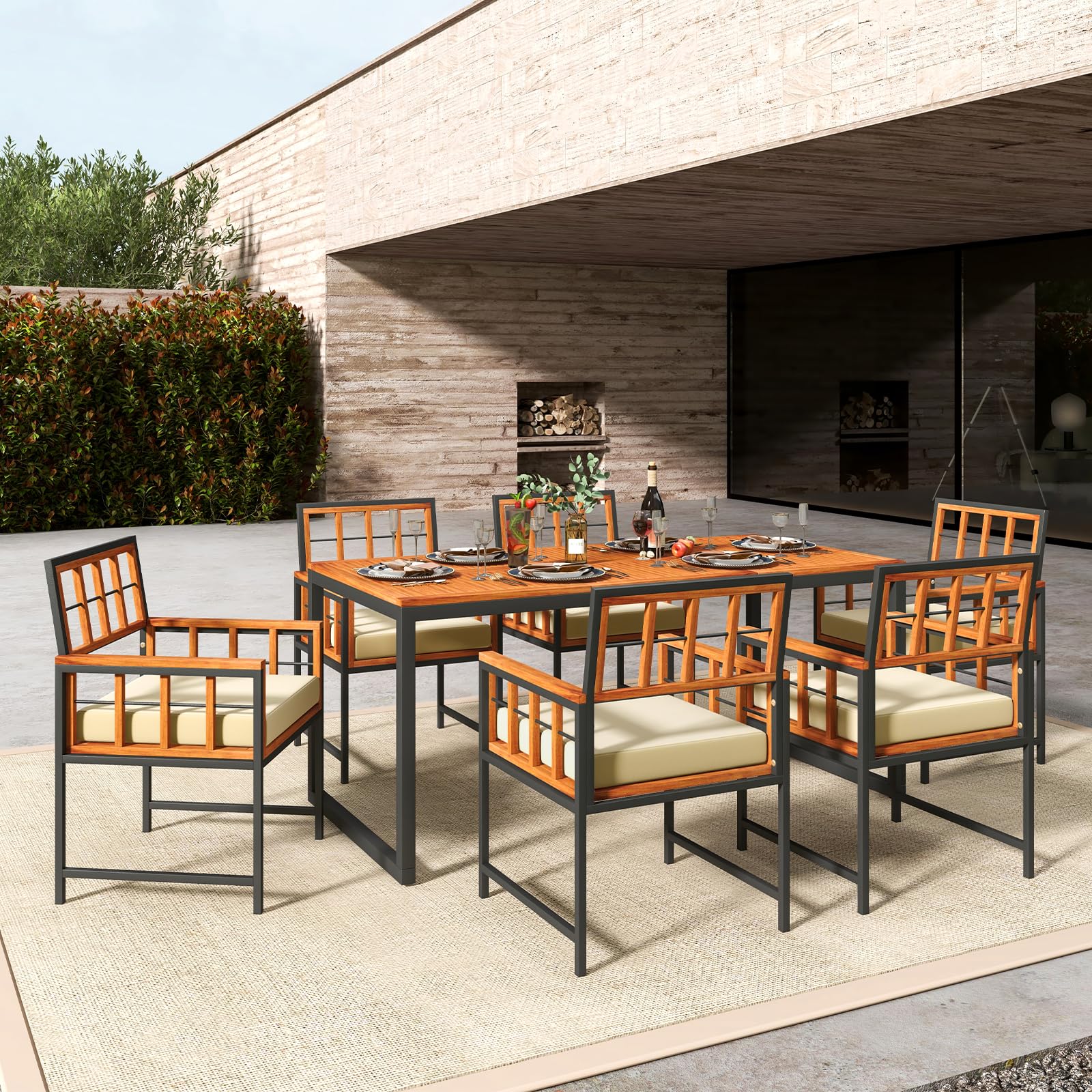 Tangkula 7 Pieces Patio Dining Set, Outdoor Acacia Wood Table and Chairs