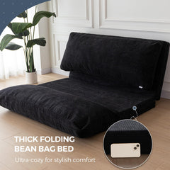 MAXYOYO Bean Bag Folding Sofa Bed with Corduroy Washable Cover, Extra Thick and Long Floor Sofa for Adults, Black