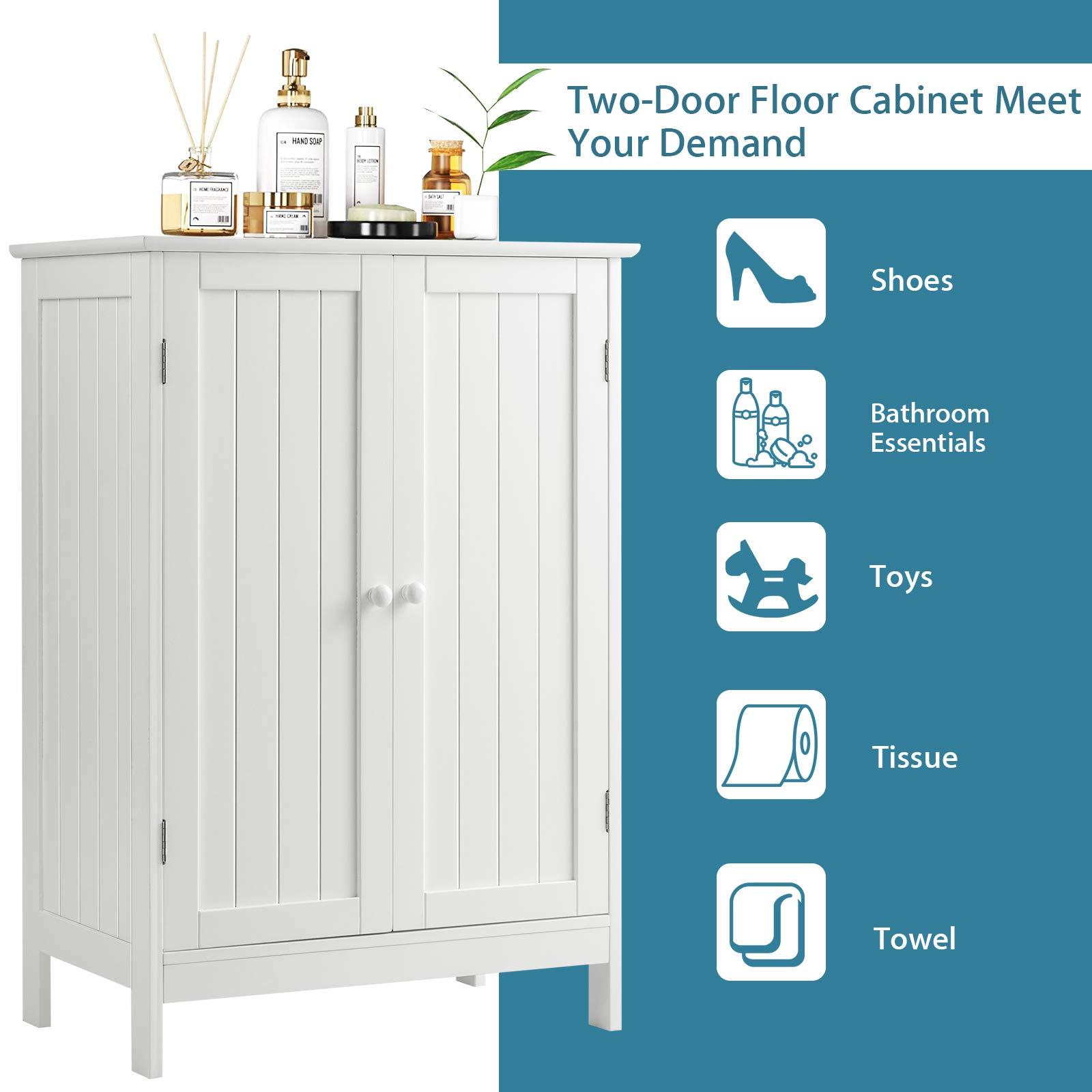 Tangkula Bathroom Floor Cabinet, Wooden Floor Storage Cabinet with Double Doors