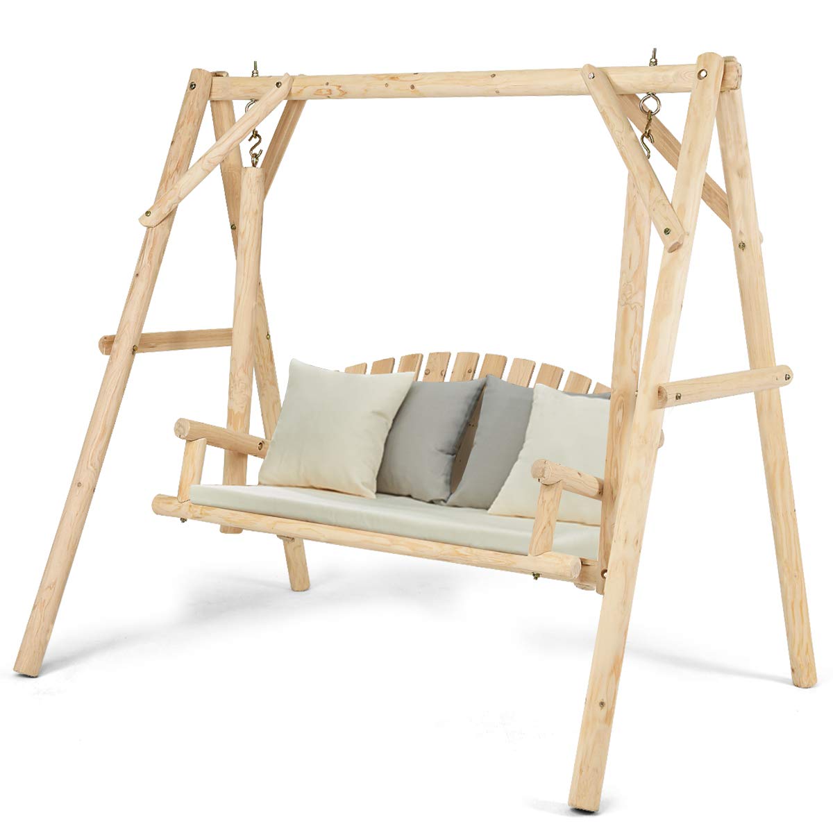 Tangkula Wooden Porch Swing, A-Frame Wood Log Swing Bench Chair