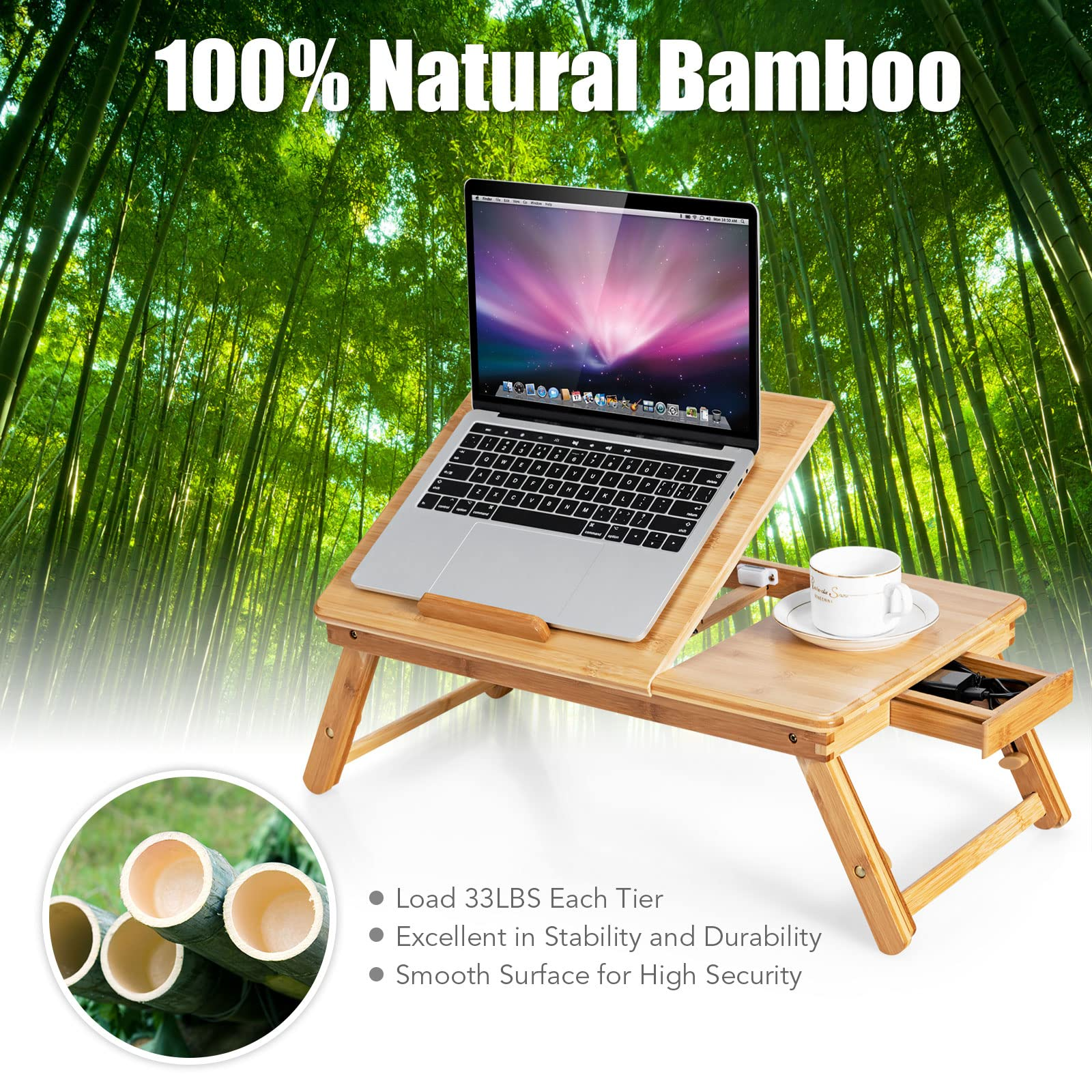 Tangkula 100% Bamboo Laptop Desk with Tilting Top & Drawer