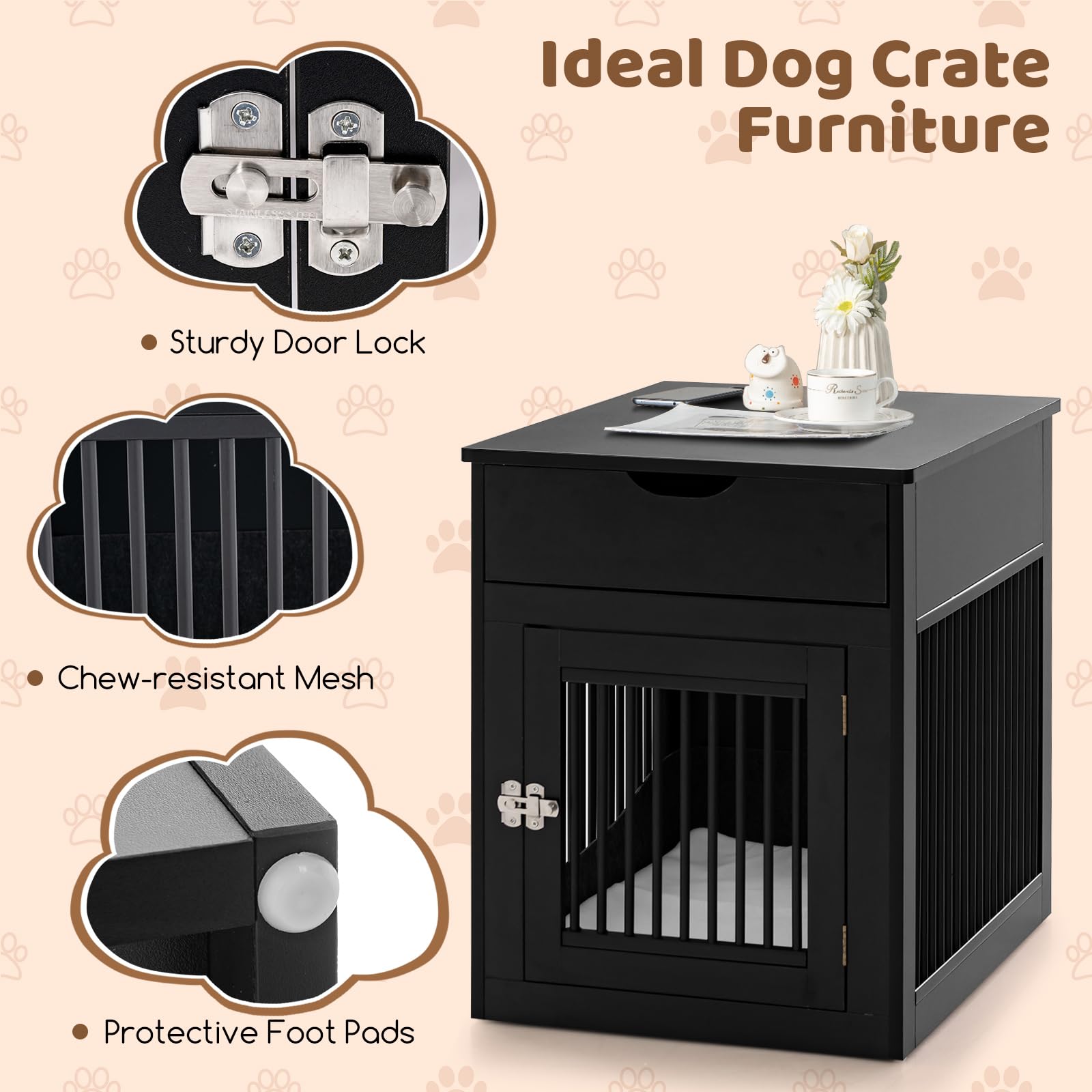 Tangkula Dog Crate Furniture, Decorative Dog Kennel End Table with Storage Drawer