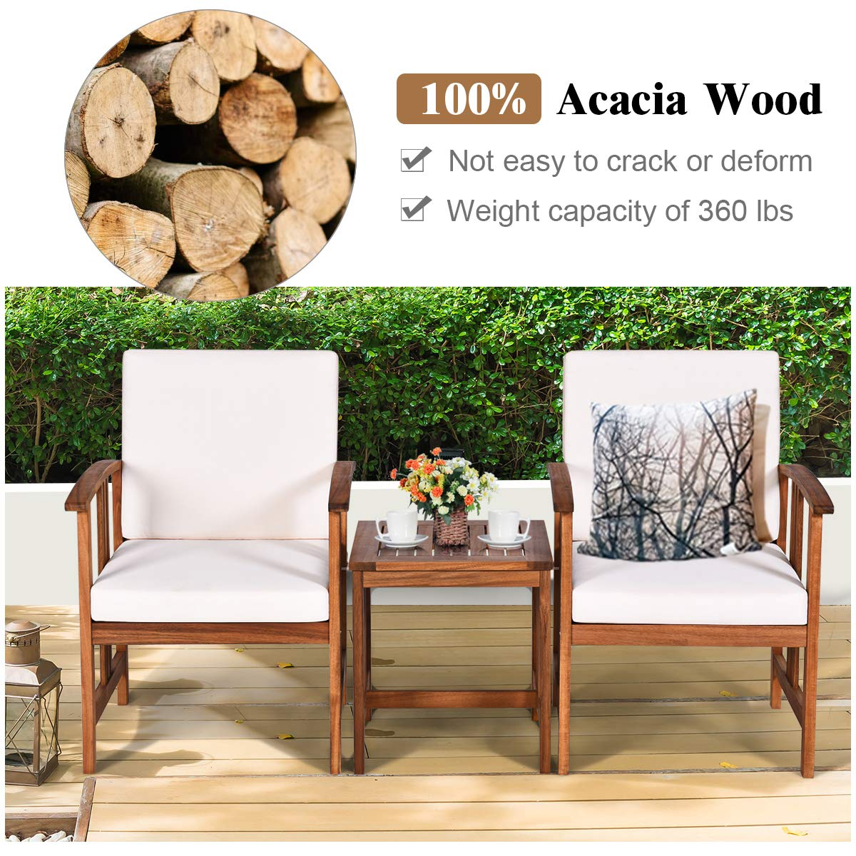 Tangkula 3-Piece Outdoor Acacia Wood Sofa Set w/Cushions