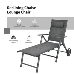 Tangkula Patio Chaise Lounge W/Wheels, Outdoor Folding Padded Lounge Chair W/ 7-Position Backrest, Removable Headrest