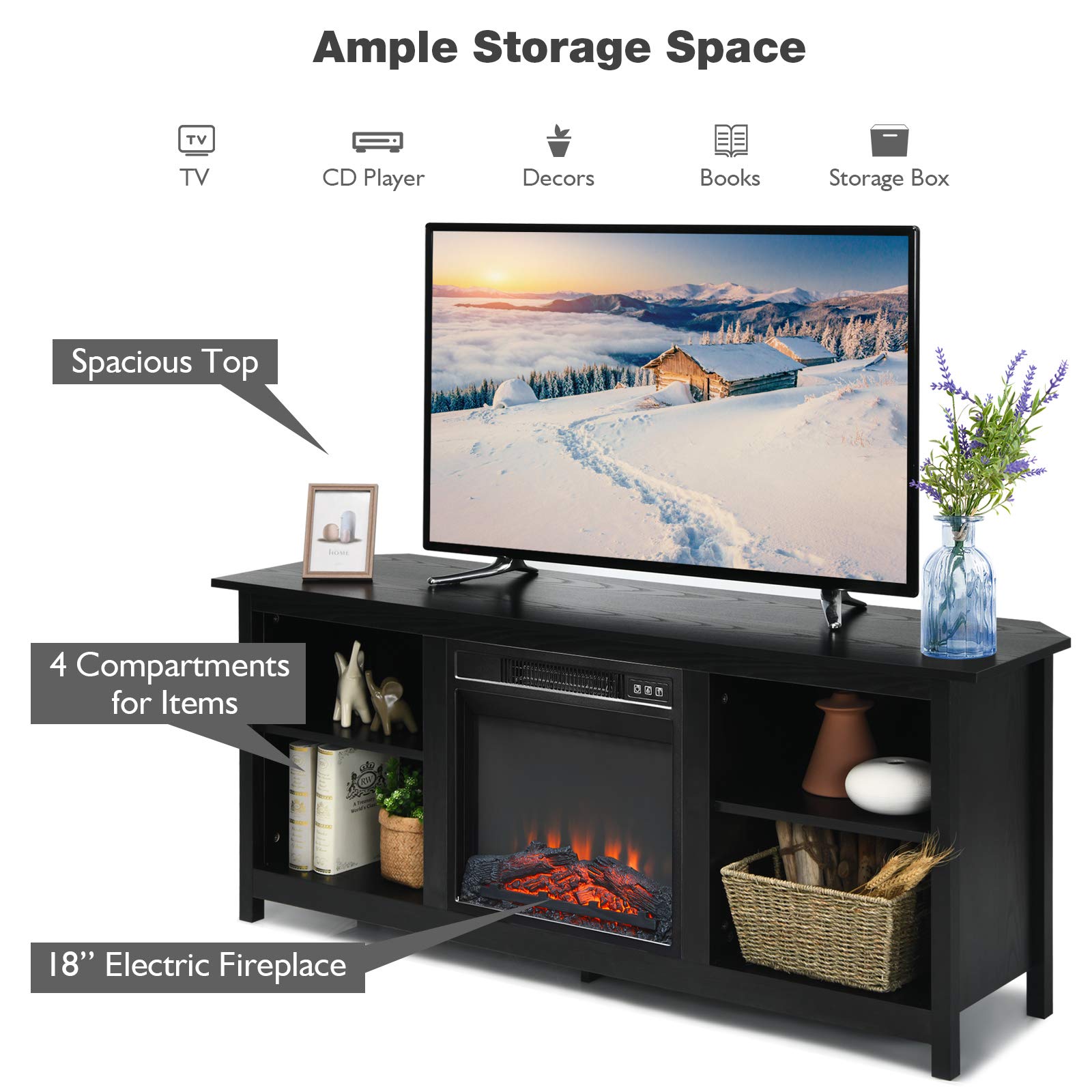 Fireplace TV Stand, 58 Inches Entertainment Media Console Center w/18 Inches 1400W Electric Fireplace