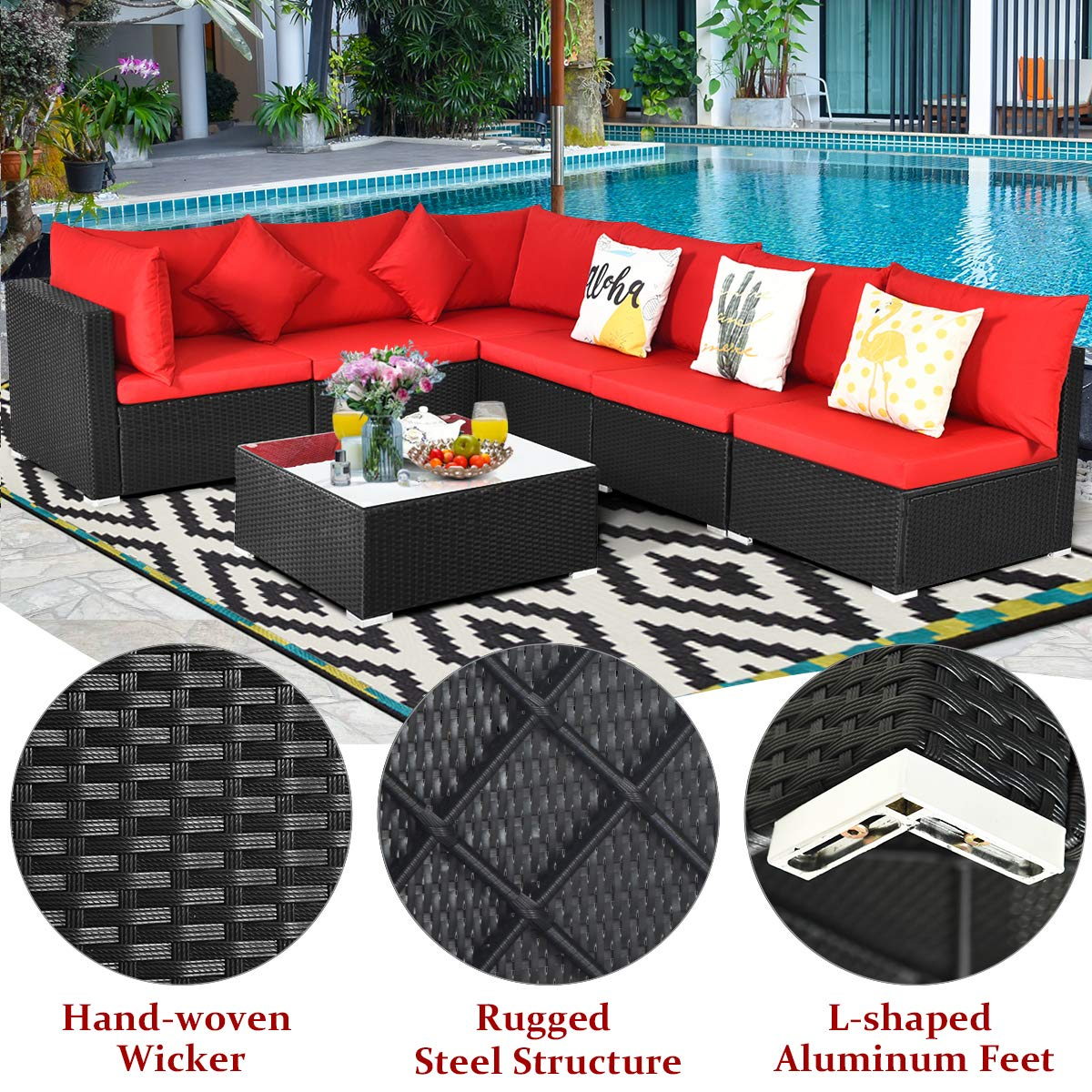 Tangkula 7 Piece Patio Furniture Set, Outdoor Sectional Sofa w/Pillows and Cushions