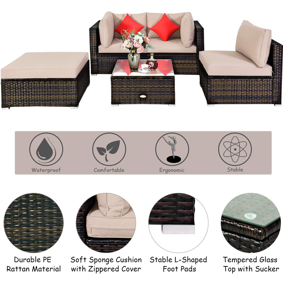 Tangkula 5 PCS Patio Rattan Furniture Set, Outdoor Sectional Rattan Sofa Set with Back & Seat Cushions