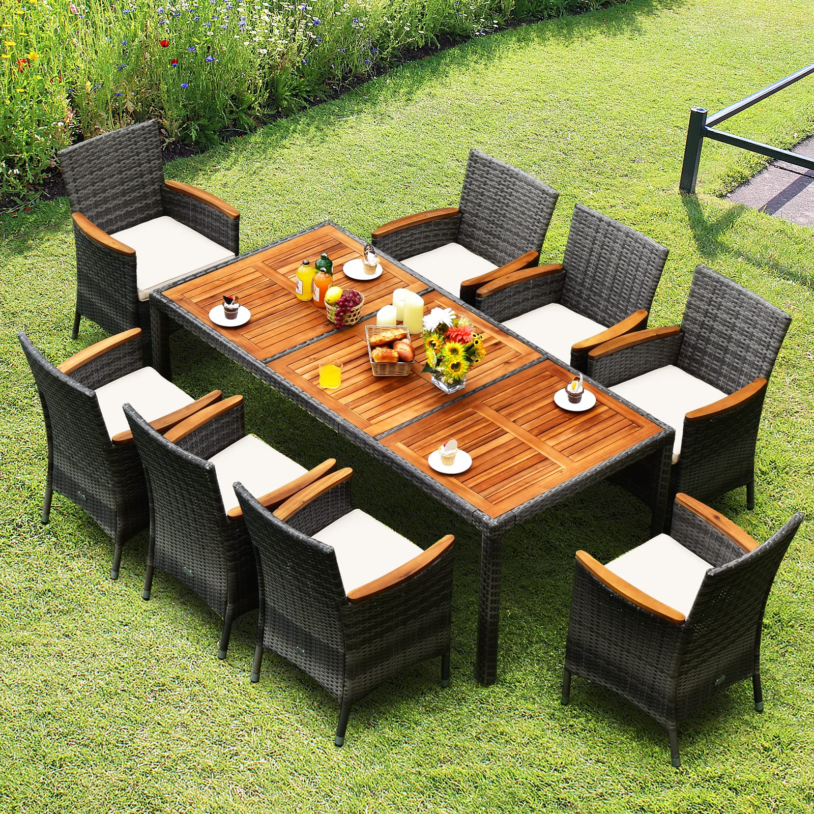 Tangkula 9 Pieces Outdoor Dining Set, Patio Wicker Dining Table and Chairs Set with Acacia Wood Table Top, Seat Cushions, Rattan Dining Table Set for 8