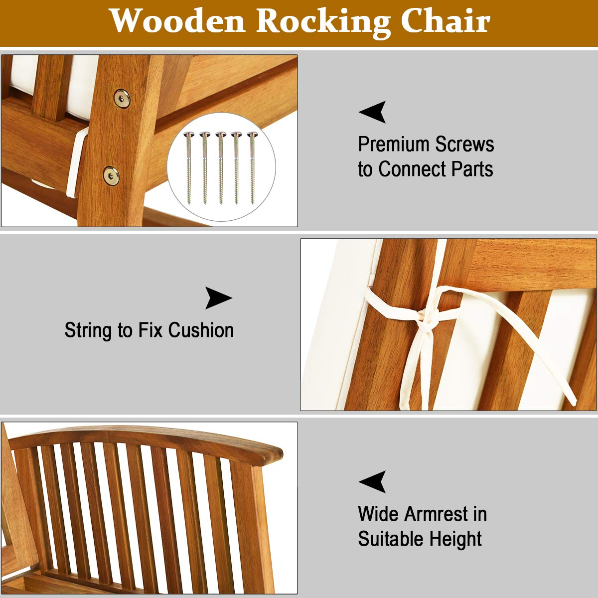 Tangkula Outdoor Acacia Wood Rocking Chair, Wooden Rocker w/Detachable Washable Cushions