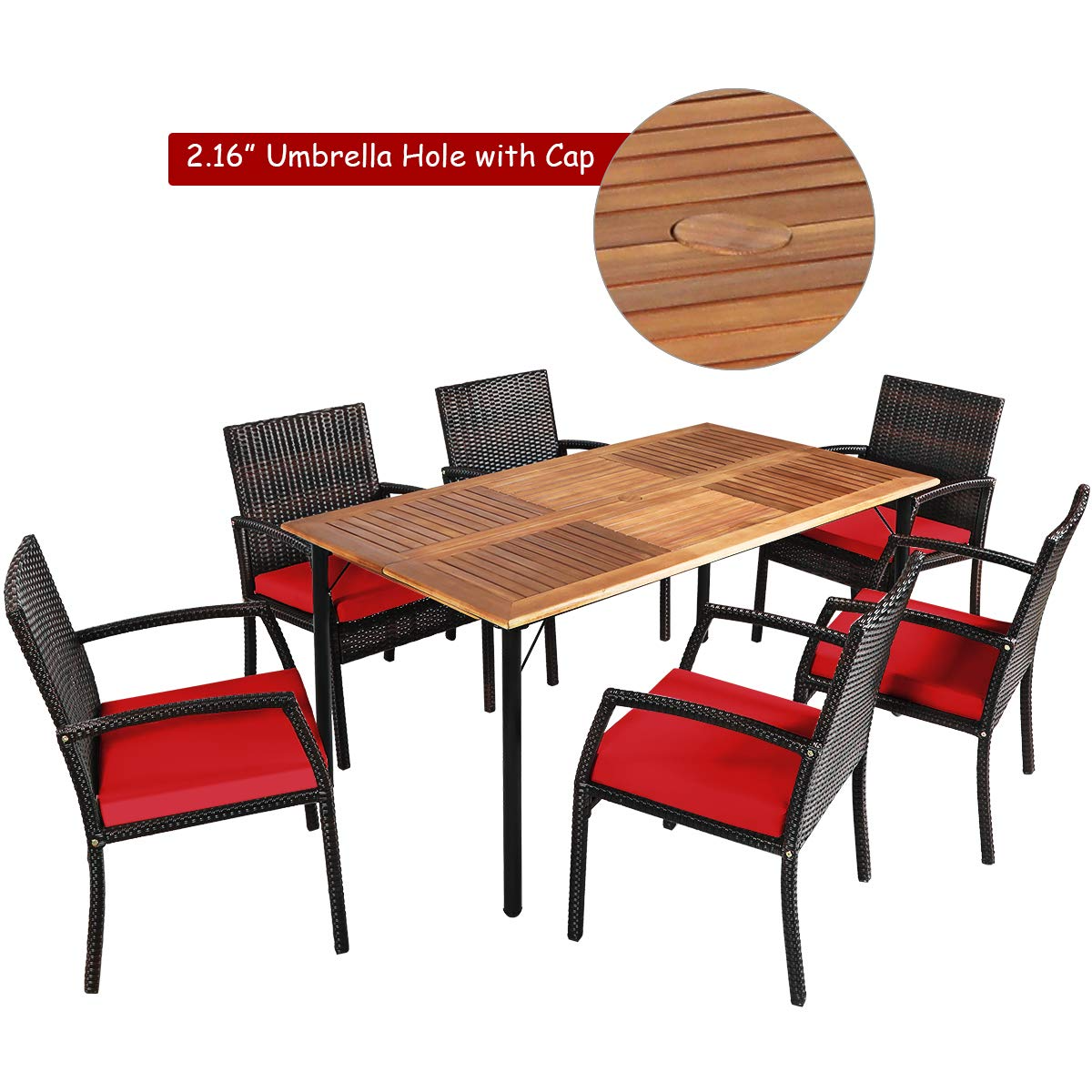 Tangkula 7 Pieces Patio Dining Set, Acacia Wood Wicker Dining Furniture Set with Sturdy Steel Frame & Umbrella Hole