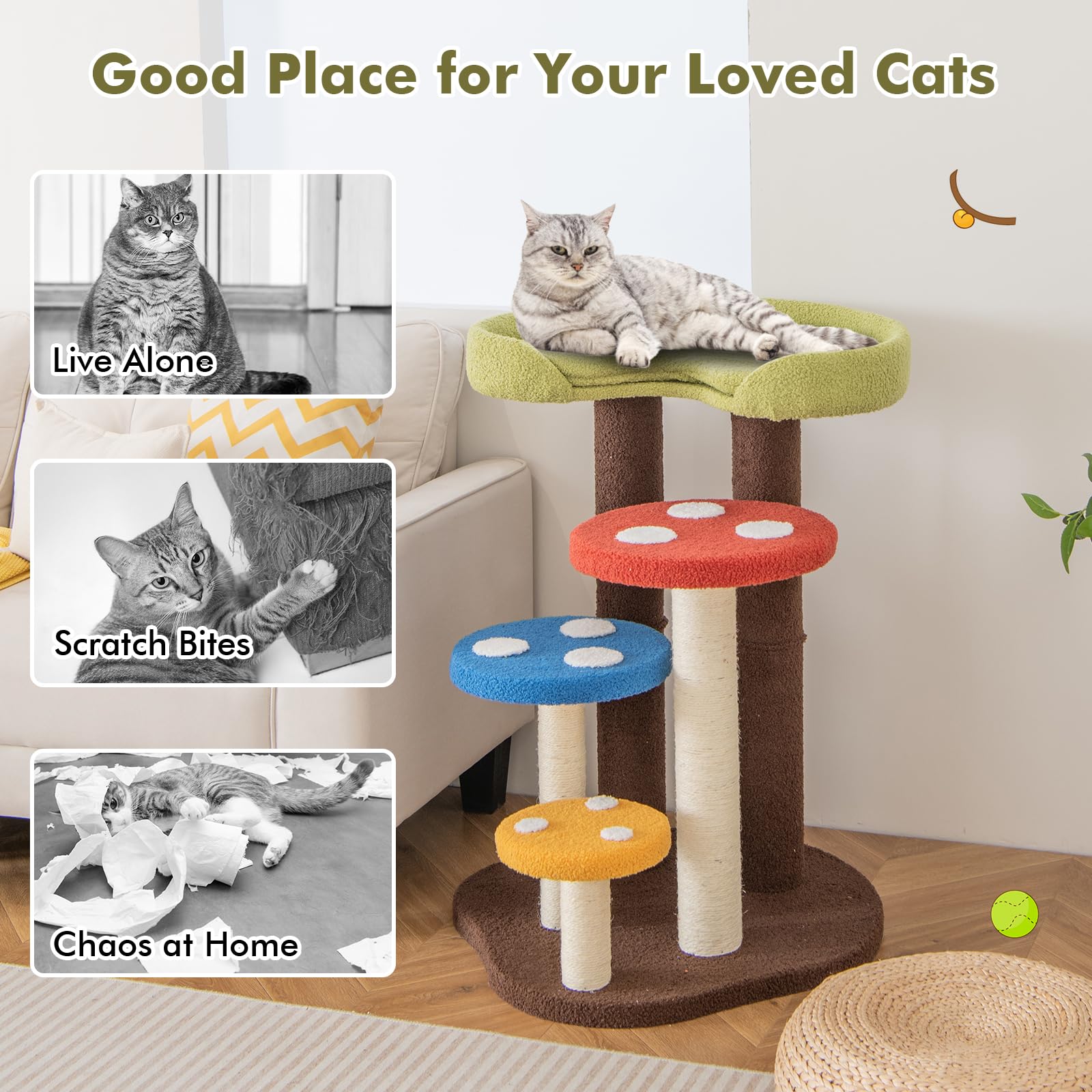 Tangkula 37" Mushroom Cat Tree, Cute Cat Tower with Full-Wrapped Sisal Post