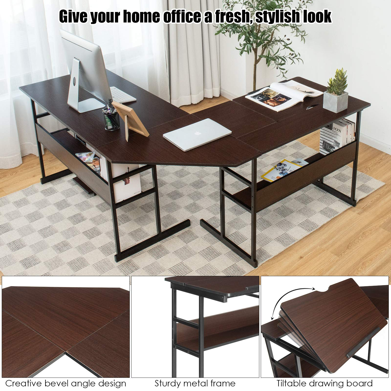 Tangkula 67 inches L-Shaped Desk, Corner Computer Desk with Bottom Bookshelves & CPU Stand