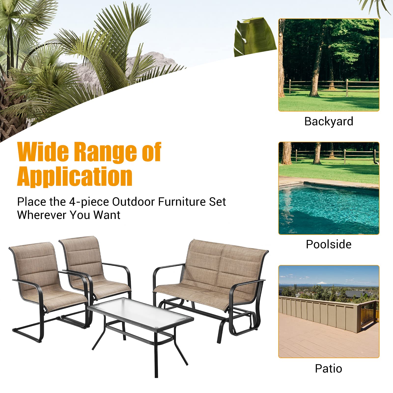 4 Pieces Outdoor Furniture Set, Coffee Table, 2-Person Swing Glider Loveseat and 2 Spring Motion Dining Chairs(Brown)