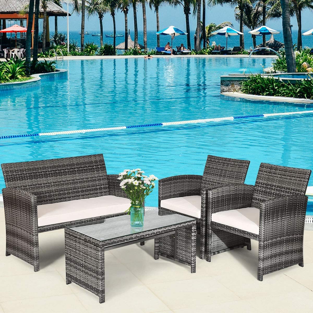 Tangkula 4 PCS Wicker Patio Conversation Set, Outdoor Rattan Sofas with Table Set