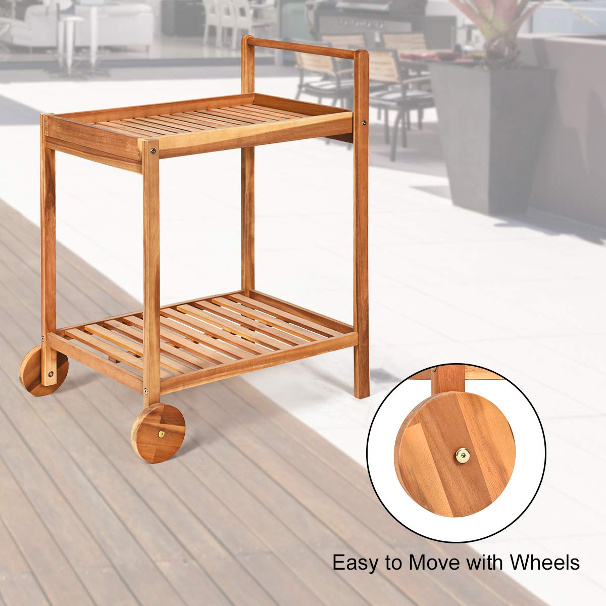 Tangkula Outdoor Acacia Wood Serving Cart, Patio Bar Cart Rolling Trolley Cart with 2 Trays, Portable Kitchen Serving Cart w/Wheels