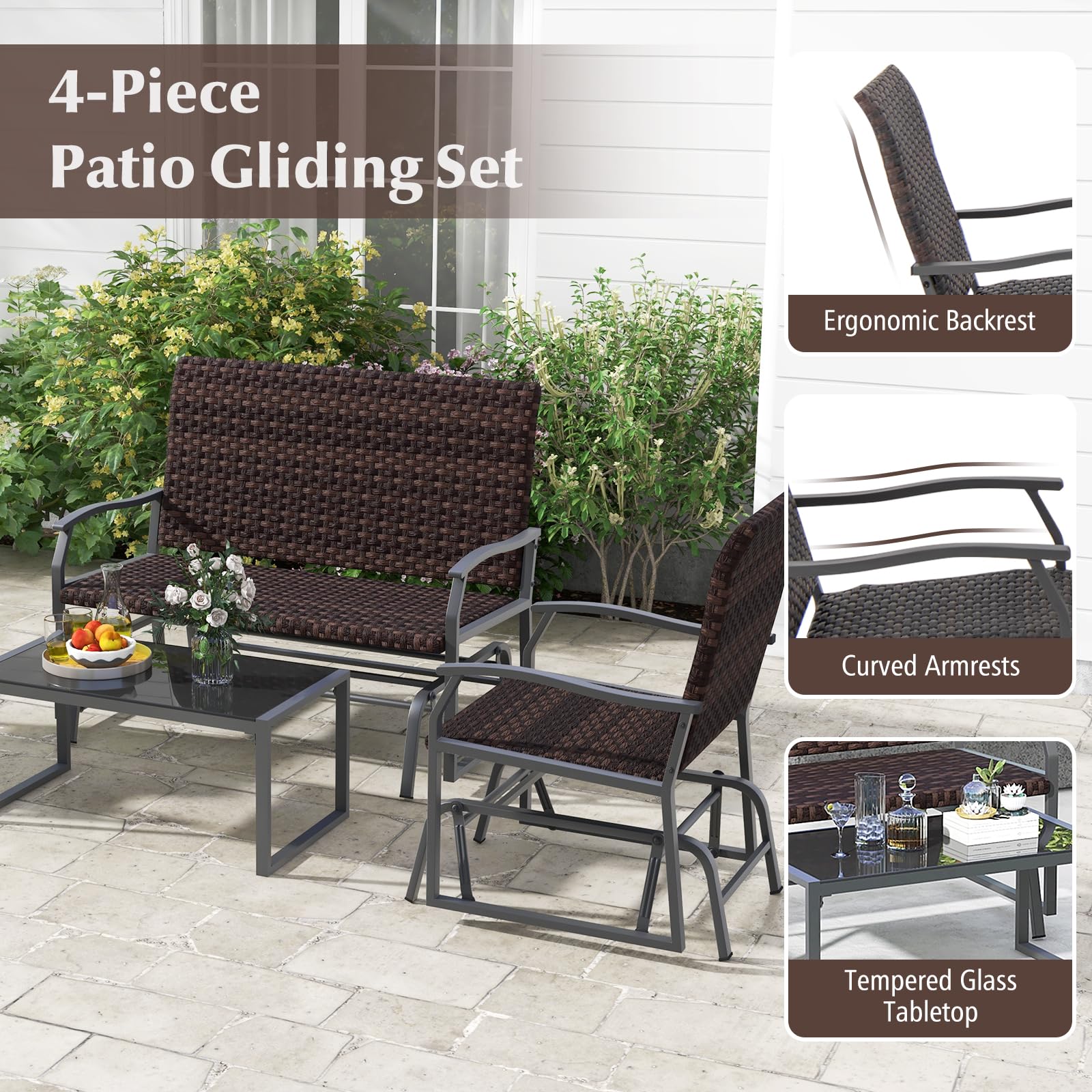 Tangkula 4 or 8 Pieces Patio Gliding Set, Wicker Swing Glider Furniture Set