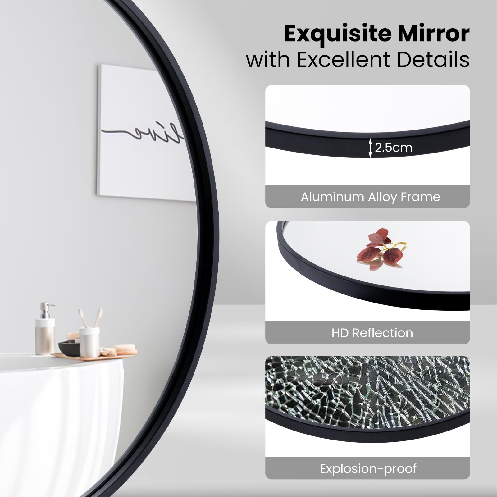 Tangkula Black Circle Bathroom Mirror 24", Round Wall Mirror w/Explosion-Proof Film, Steel Frame