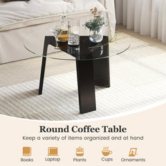 Tangkula 29.5 Inch Round Glass Coffee Table, Modern Center Table with Solid Rubber Wood Legs (Round, Black)