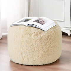 MAXYOYO Round Stuffed Pouf Ottoman, Long Faux Fur Poufs with Foam Chunk Filling, Beige