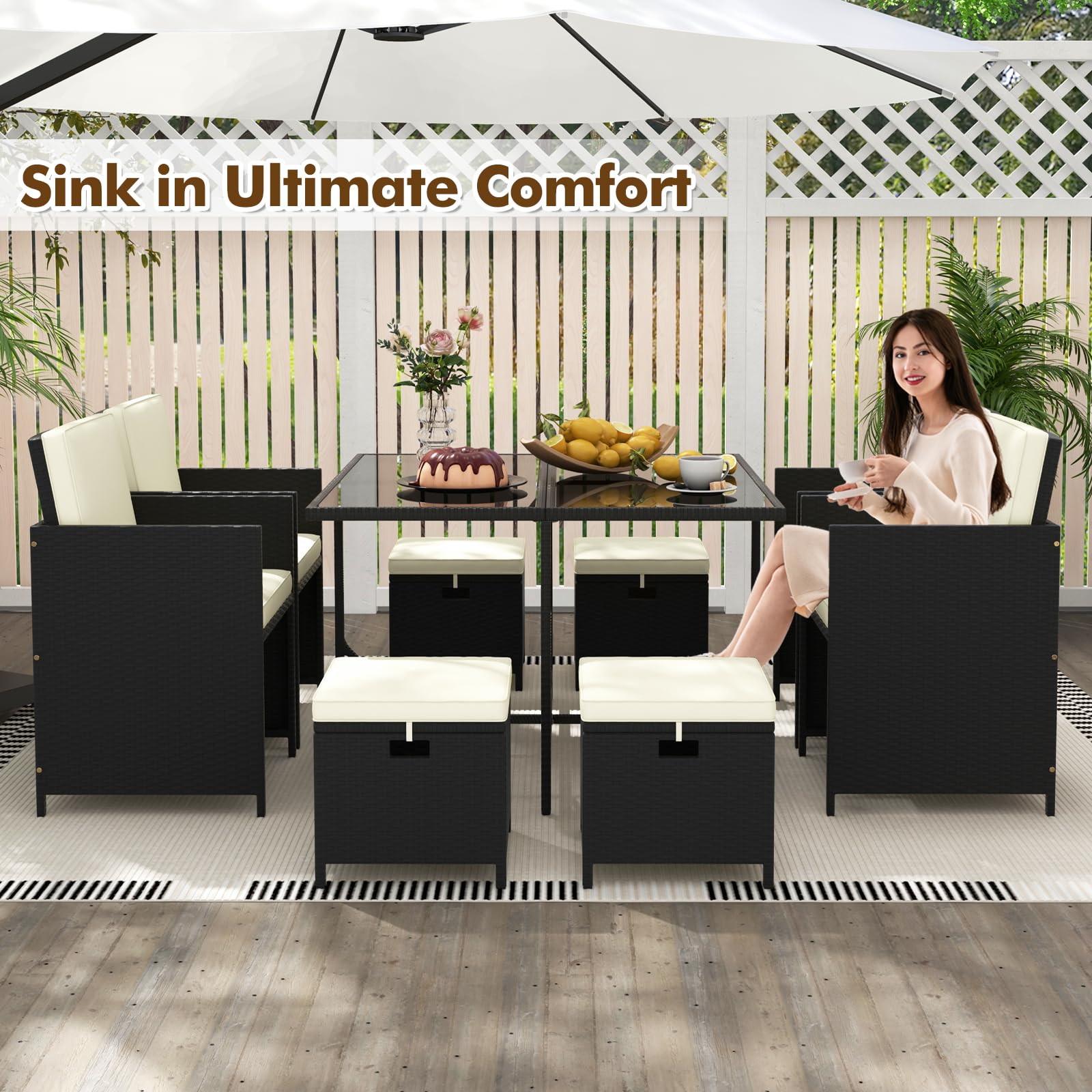 Tangkula 9 Pieces Outdoor Dining Furniture Set, Space-Saving Wicker Rattan Chairs & Tempered Glass Table with Ottomans