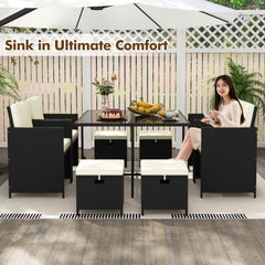 Tangkula 9 Pieces Outdoor Dining Furniture Set, Space-Saving Wicker Rattan Chairs & Tempered Glass Table with Ottomans