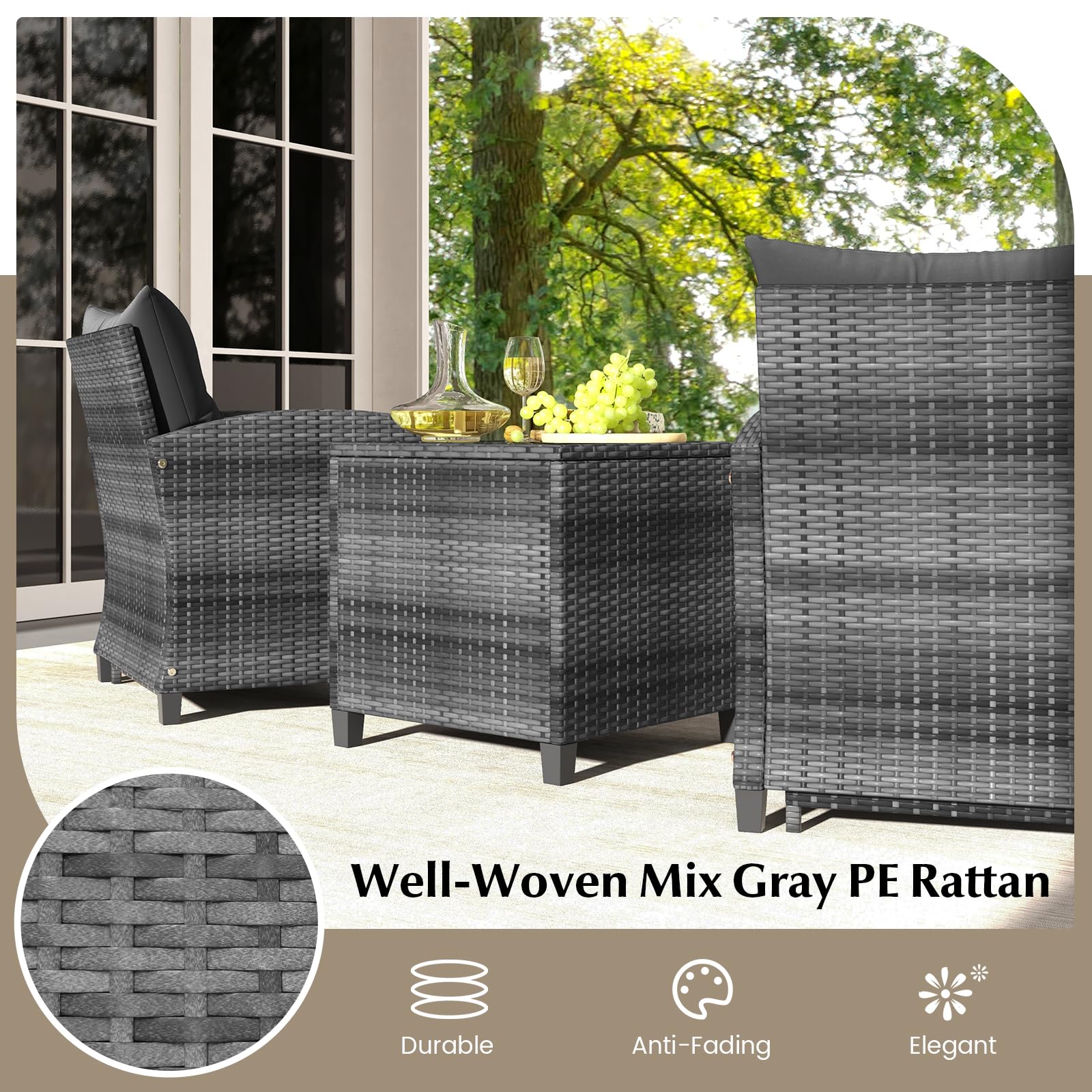 Tangkula 5 Piece Patio Rattan Furniture, Wicker Cushioned Chairs Set w/ 2 Ottomans & Tempered Glass Coffee Table