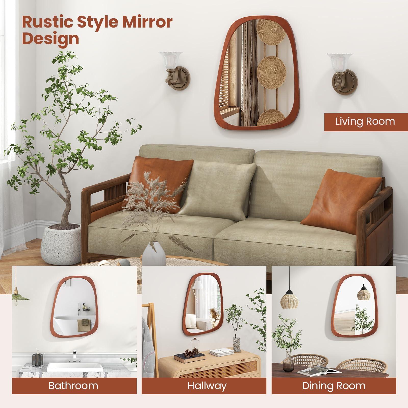 Tangkula Asymmetrical Abstract Irregular Shaped Mirror, 26.5" x 21" Irregular Wall Mirror with Rustic Frame