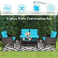 4 Piece Patio Furniture Set, Outdoor Wicker Conversation Set with Glass Top Coffee Table