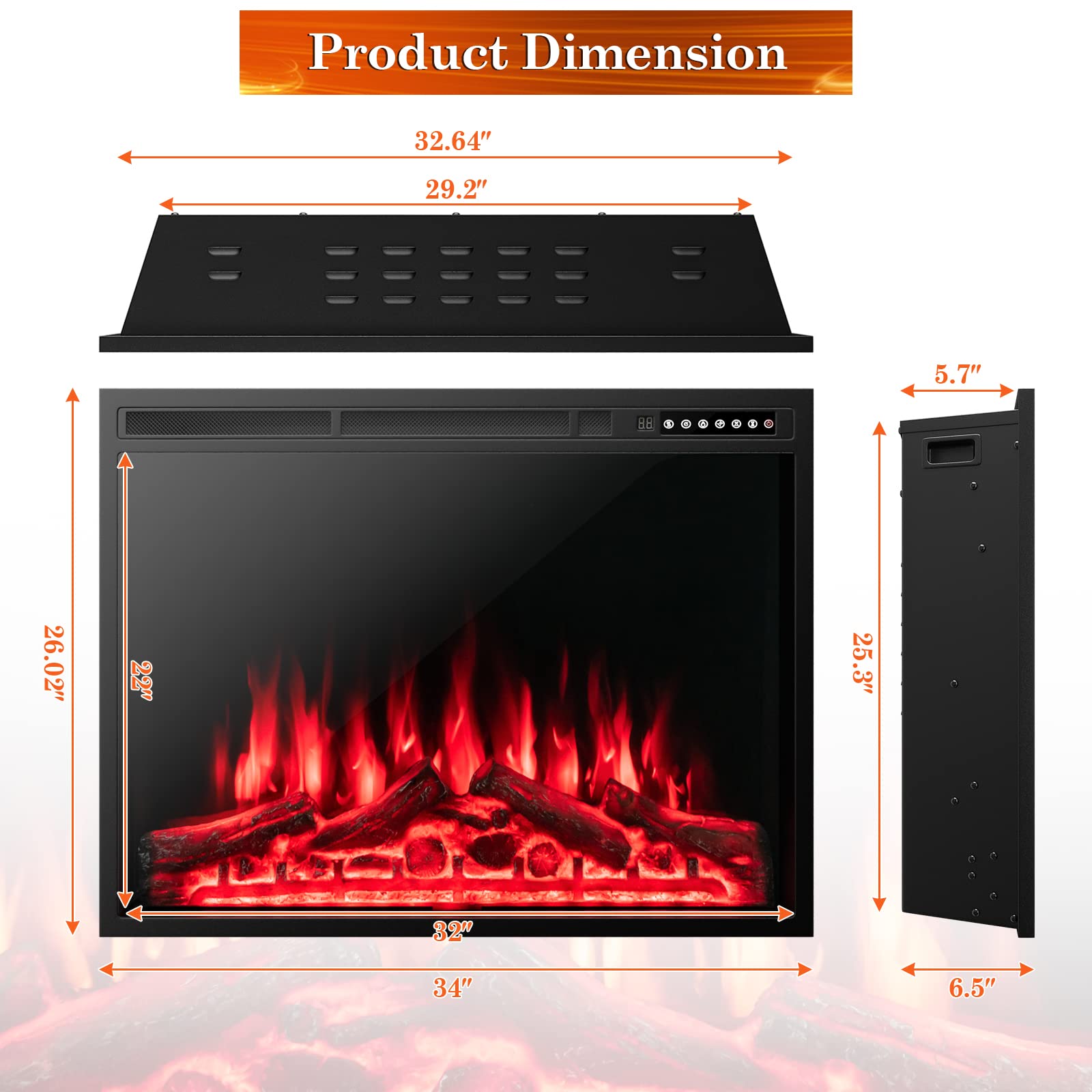 Tangkula 34 Inches Electric Fireplace Insert, Recessed and Freestanding Fireplace Heater with Touch Panel