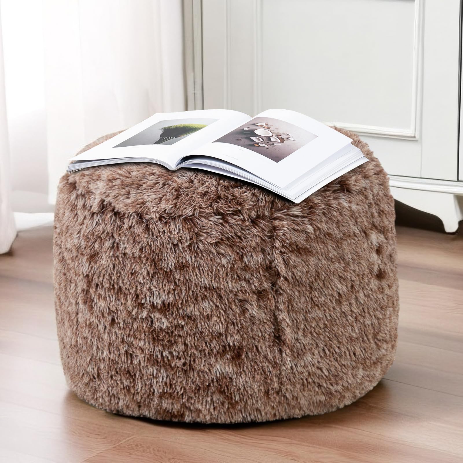 MAXYOYO Round Stuffed Pouf Ottoman, Long Faux Fur Poufs with Foam Chunk Filling, Snow Coffee