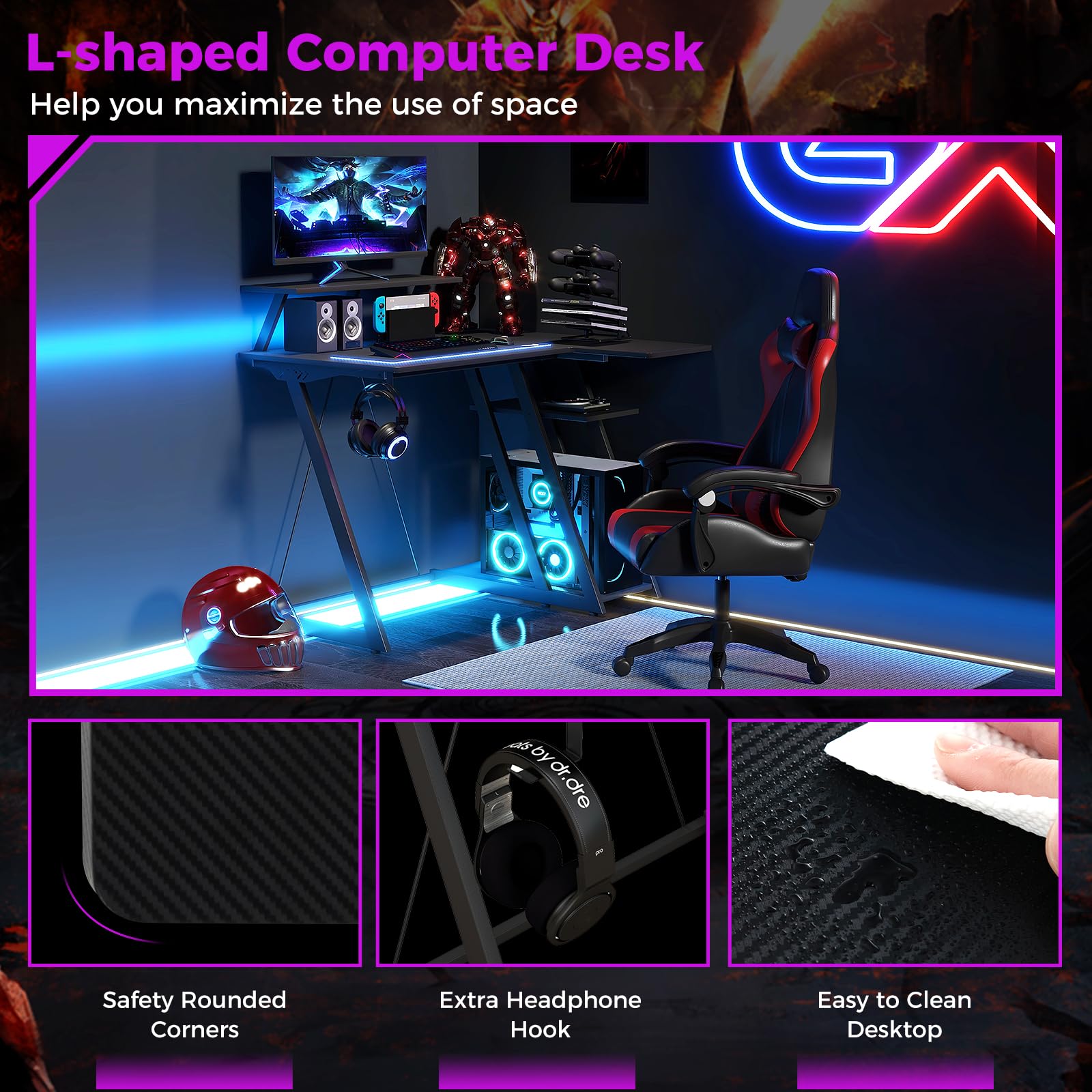 Tangkula L Shaped Gaming Desk with Power Outlets, Small Gaming Computer Desk 39inch with Storage Shelf