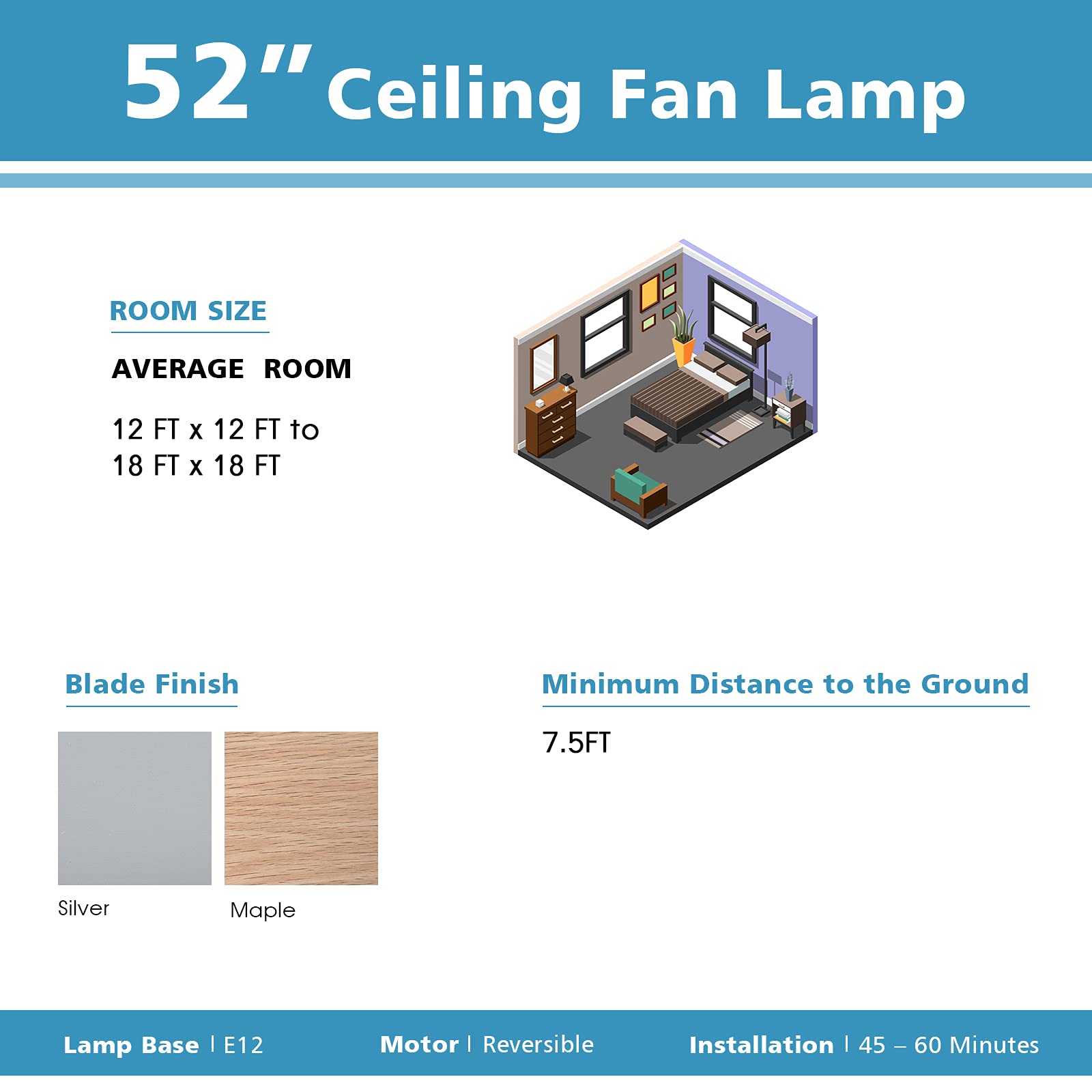 Tangkula 52" Ceiling Fan Lamp, Ceiling Fan with Light and Remote Control, Reversible Fan Blades, 3 Adjustable Wind Speeds