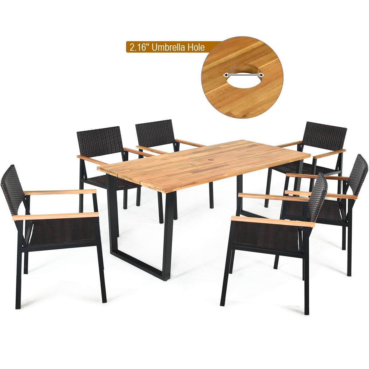 Tangkula 7PCS Outdoor Dining Set, Patio Dining Furniture Set w/Large Rectangle Acacia Wood Table Top