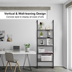 Tangkula Industrial Ladder Shelf Against The Wall, 5-Tier Wall Mount Ladder Bookshelf with Metal Frame