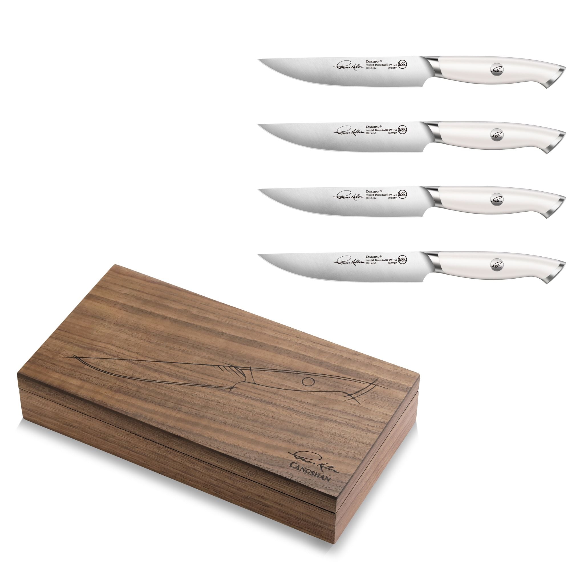 TKSC 4-Piece Fine Edge Steak Knife Set w/ Walnut Box, Forged Swedish Powder Steel, Thomas Keller Signature Collection, 1025552