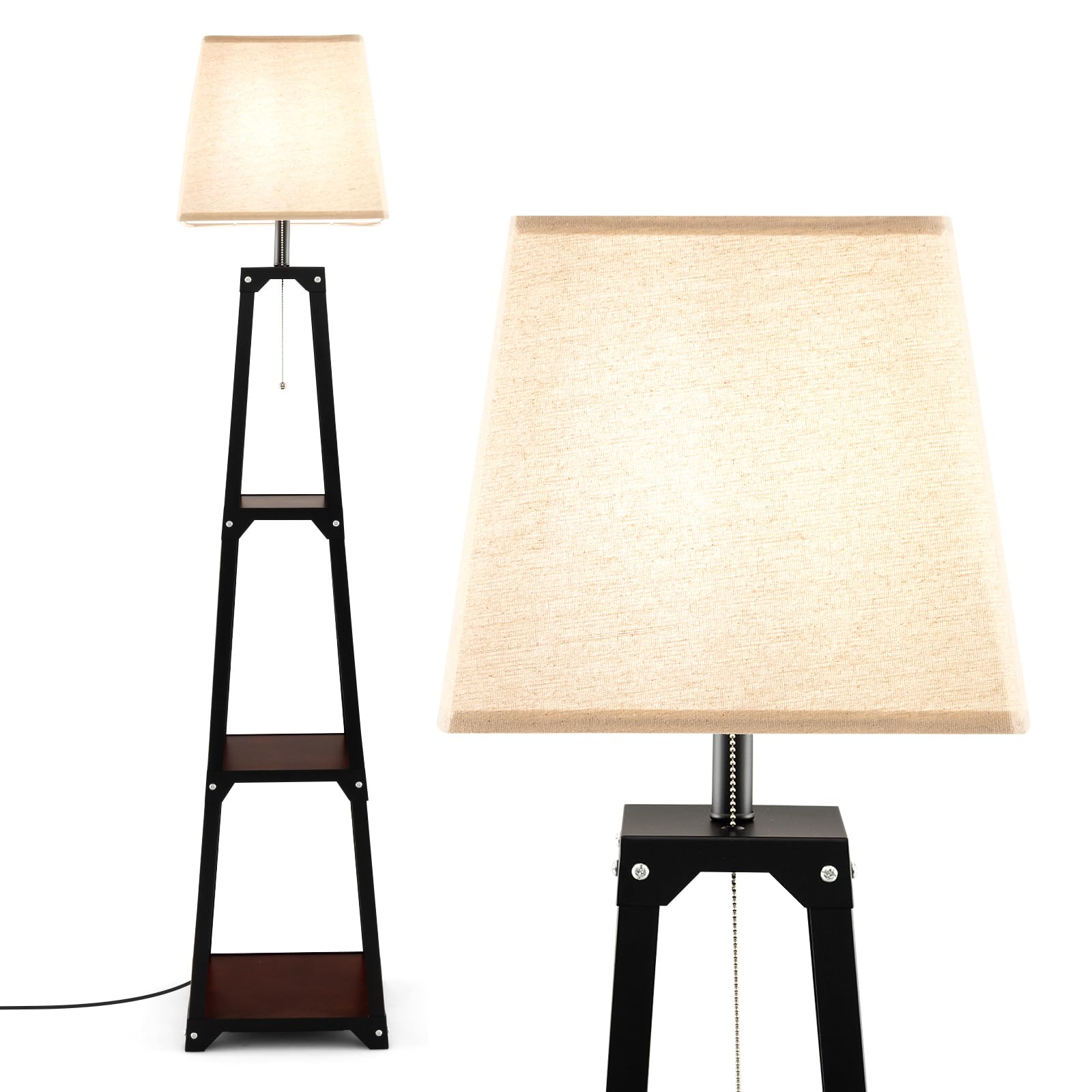 Tangkula Shelf Floor Lamp, Modern Wood Square Standing Lamp with 3 Tiers Shelves and Linen Shade