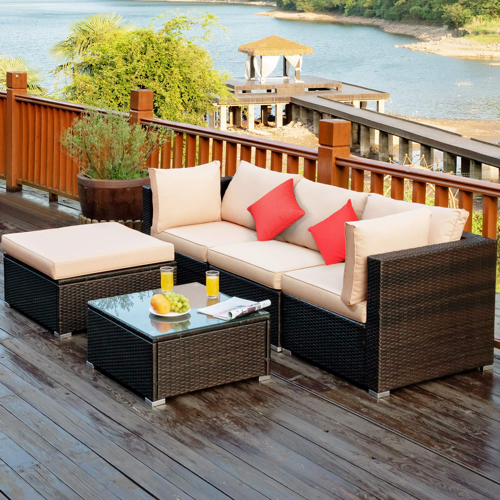 Tangkula 5 PCS Patio Rattan Furniture Set, Outdoor Sectional Rattan Sofa Set with Back & Seat Cushions