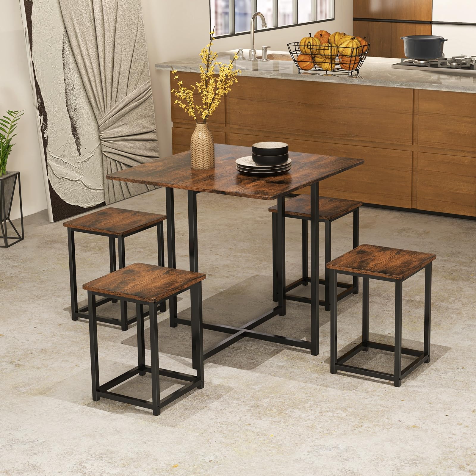 Tangkula Compact 5-Piece Dining Table Set for 4, Small Kitchen Table Set with Square Stools and Metal Frame