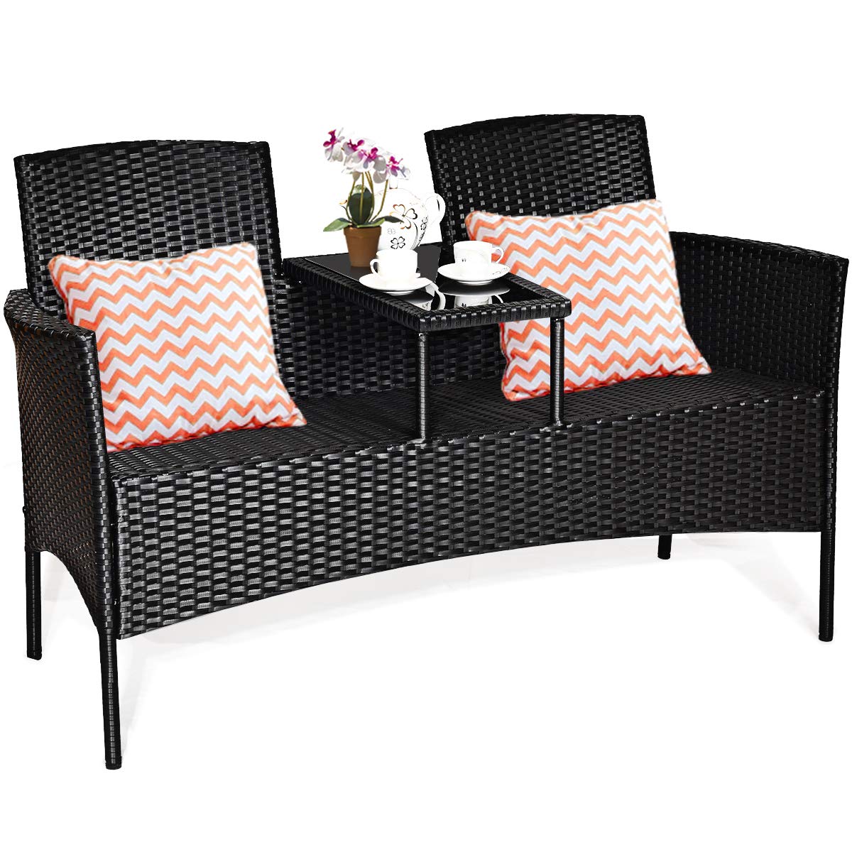 Wicker Patio Conversation Furniture Set, Outdoor Furniture Set with Removable Cushions & Table