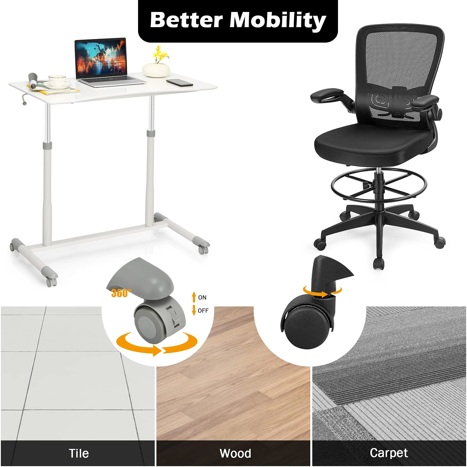 Tangkula Home Office Computer Desk & Chair Set, Height Adjustable Ergonomic Chair & Standing Desk with Wheels