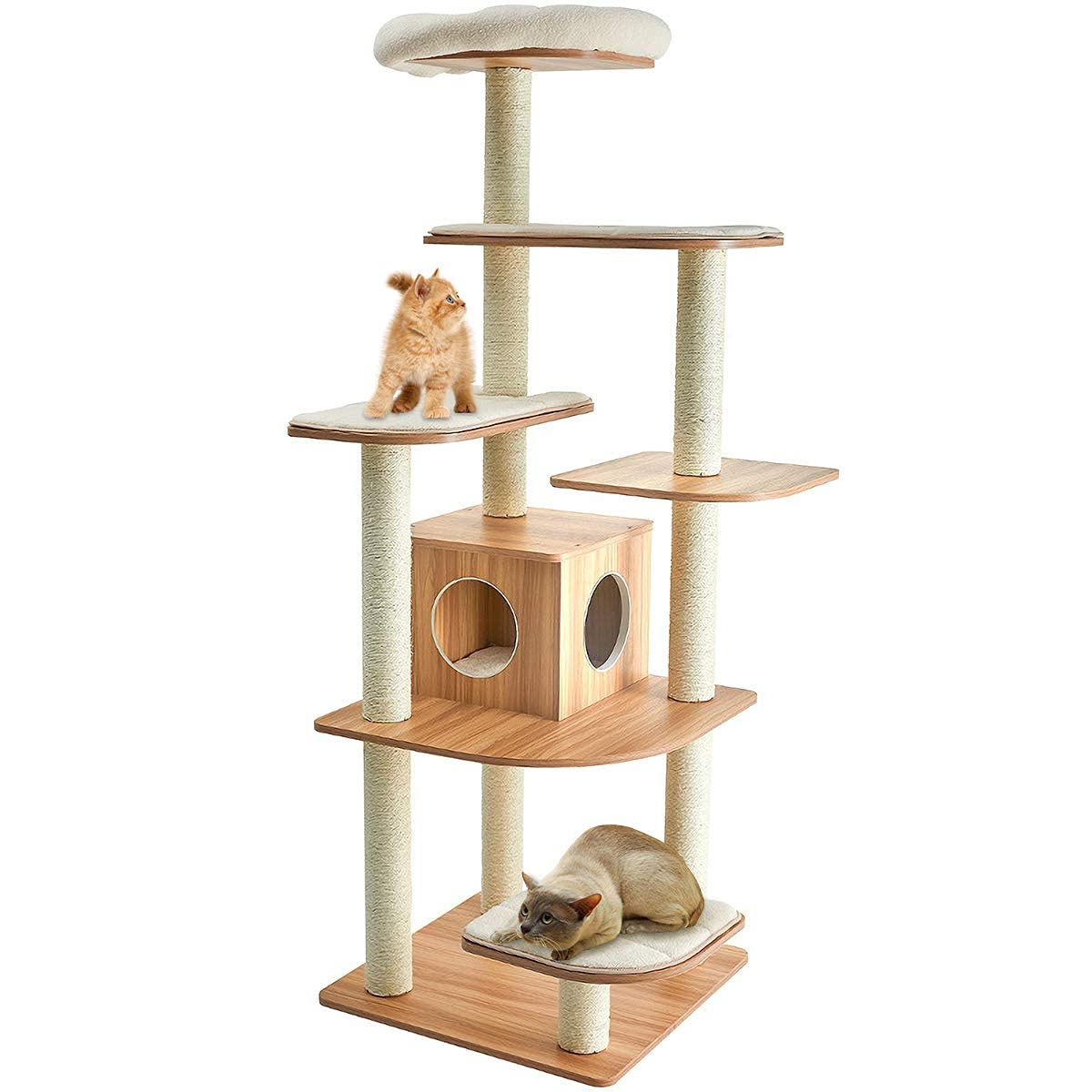 Tangkula Modern Wood Cat Tree, 69-Inch Cat Tower with Multi-Layer Platform, Cat Activity Tree with Sisal Rope Scratching Posts