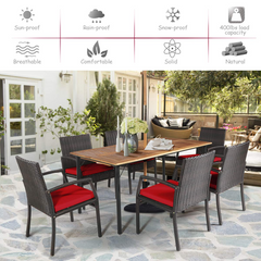 Tangkula 7 Pieces Patio Dining Set, Acacia Wood Wicker Dining Furniture Set with Sturdy Steel Frame & Umbrella Hole